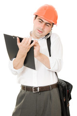 Busy businessman in his helmet on a white background.