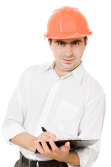 Busy businessman in his helmet on a white background.