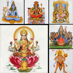 collage with painted tiles with Lakshmi and other hindu gods