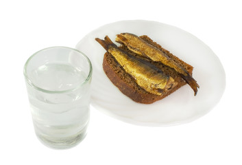 Vodka and russian traditional appetizers - bread and fish isolat