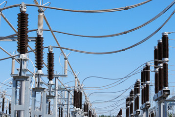 A row of current transformers of a high voltage