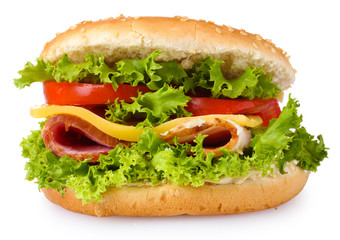 tasty hamburger with vegetables and ham isolated on white