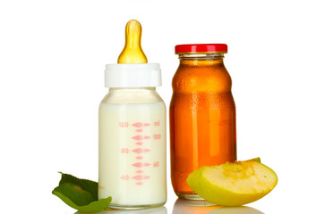 baby food, bottle and fruit isolated on white