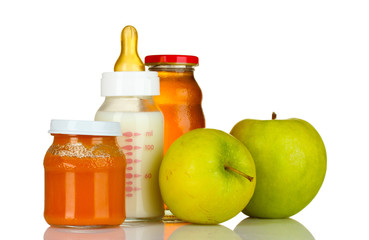 baby food and fruit isolated on white