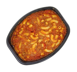 Macaroni and beef dinner in black tray