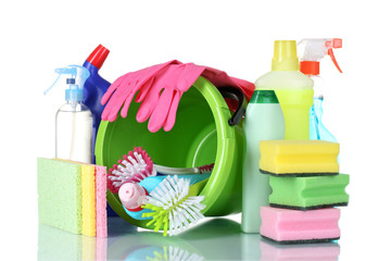 detergent bottles, brushes, gloves and sponges