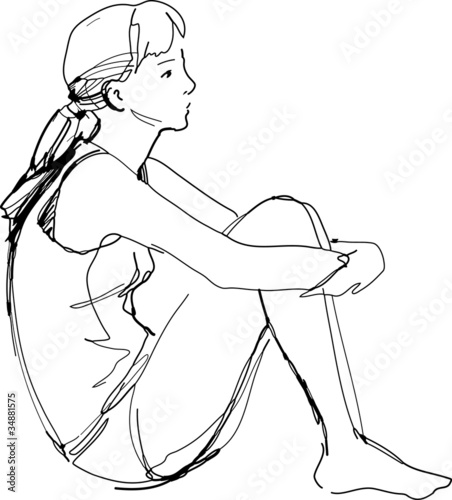 "sketch of a girl sitting hugging her knees" Stock image and royalty