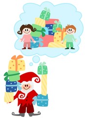 Weihnachtsmann denkt an Kinder und Geschenke