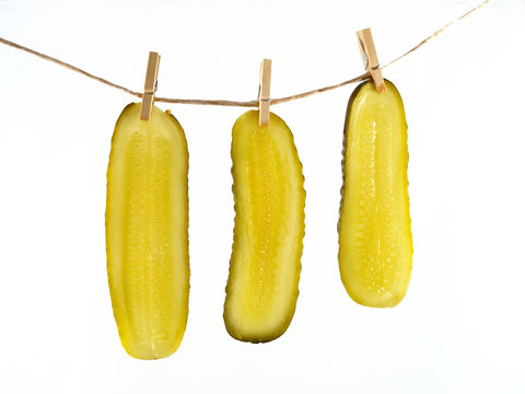 Picle slices hang out to dry on isolated on white