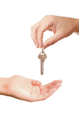 Hands of two people, giving and taking modern key