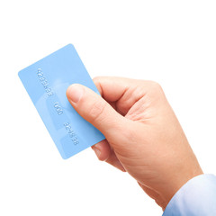 Businessman's hand holding blue plastic credit card