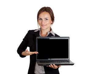 Businesswoman pointing on laptop