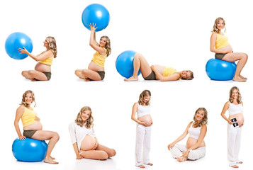 Pregnant woman fitness  collage isolated on white