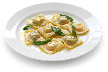 homemade ravioli pasta with sage butter sauce , italian food