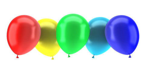 five multicolored party balloons isolated on white background
