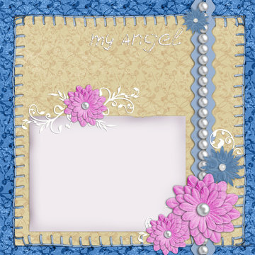 scrapbook layout in blue and beige colors with paper, pearls and