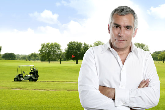 Golf Senior Golfer Man Portrait In Green Couse Outdoor