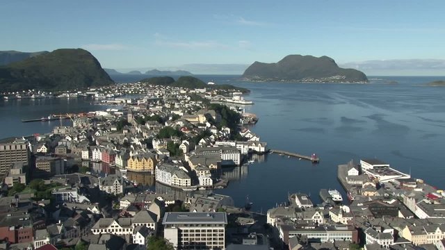 Pan from left to the right of Alesund in Norway. during sunny morning 
