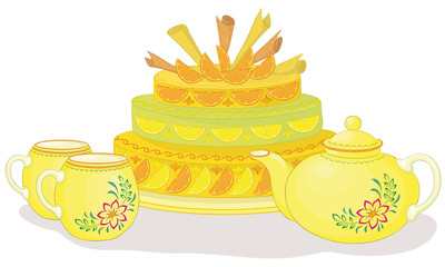 Cake, teapot and cups