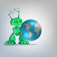 Green eco-robot character with terrestrial globe.