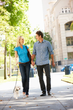 Couple Walking With Dog In City Street