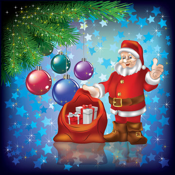 Christmas greeting with Santa and gifts on blue