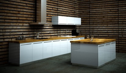 Küchendesign - weisse Küche vor Holzwand