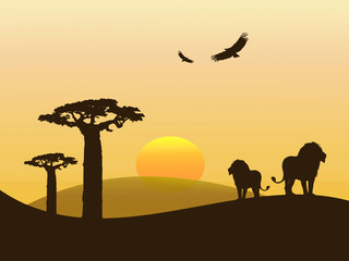 Fototapeta na wymiar Ilustração - leões no deserto em África