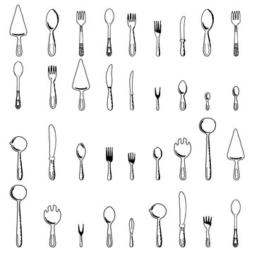 Spoons, forks and knives on a white background. Vector illustrat