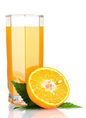 Orange juice in glass and orange isolated on white
