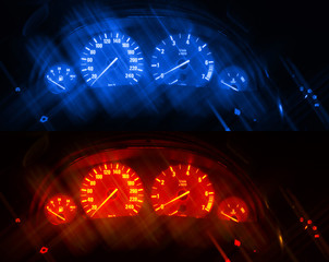 Dashboards of a modern car with artificial blurred lines. Two same images different toned