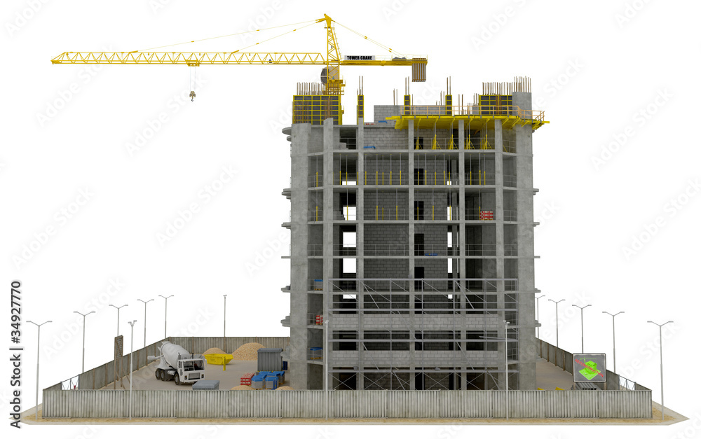 Wall mural construction site: incomplete skyscraper isolated