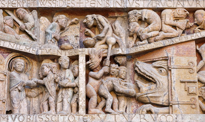 Detail of the tympanum of the Last Judgment, Conques, France