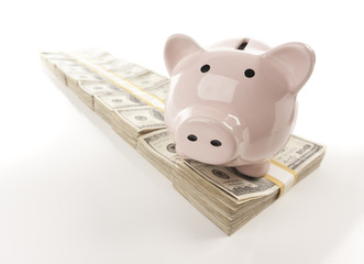 Fototapeta premium Pink Piggy Bank on Row of Money