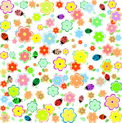 spring background with small flowers and ladybugs