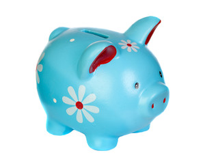 Blue piggy bank with flowers