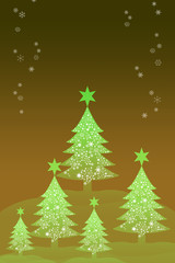 Green christmas tree with snow sky background