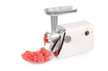 Force-meat and meat grinder. Isolated over white