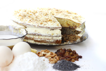 tasty holiday homemade cake with cream, isolated