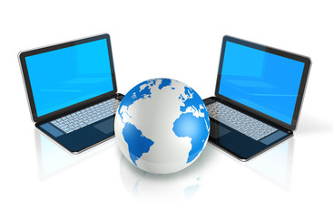 two Laptop computers around a world globe