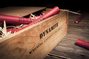 dangerous dynamite sticks on wooden a box