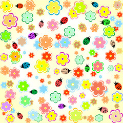 Flowers and ladybugs seamless yellow background