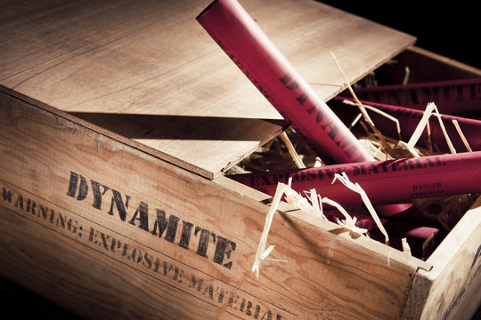 dangerous dynamite sticks on wooden a box