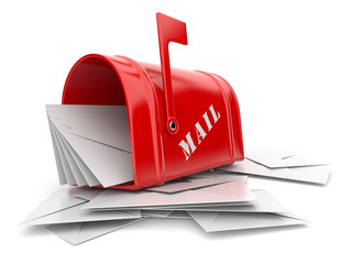 Red mail box with heap of letters. 3D illustration isolated
