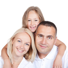 Smiling parents with daughter isolated on white background