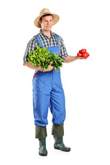 Full length portrait of a male farmer holding vegetables