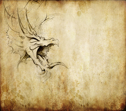 Tattoo art, sketch of a dragon over vintage background