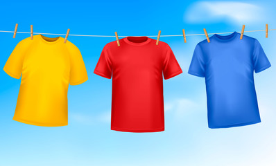Set of colored t-shirts hanging on a clothesline on a sunny day.