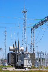 The powerful transformer on electrical substation