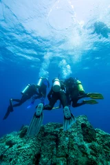 Foto auf Acrylglas A group of diver doing safety stop near sea surface © frantisek hojdysz